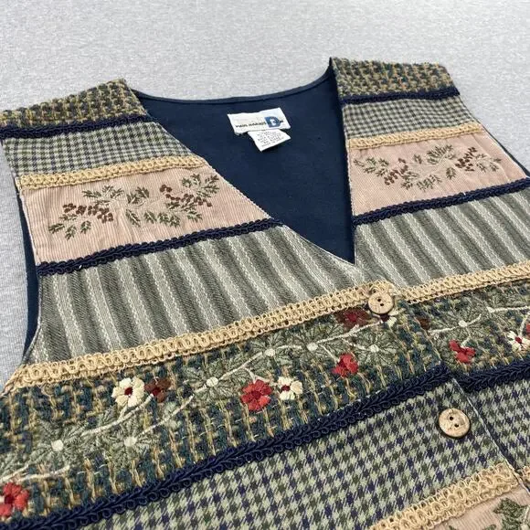 VTG Paul Harris Floral Embroidered Vest Womens M Patchwork Stripe Boho Cottage - Picture 9 of 11